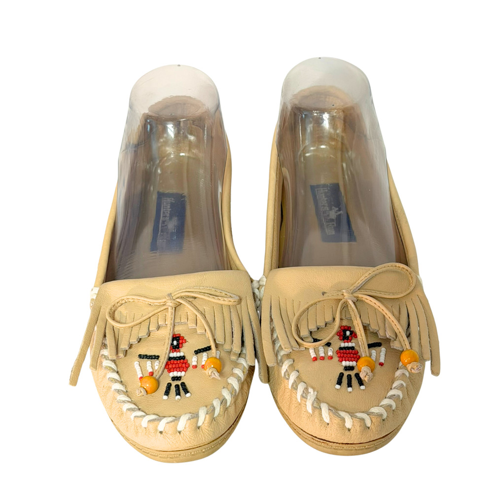 Hunter's Run Sz 8 Beaded Moccasins Classic Kiltie Fringe Beige Boho Cowgirl Vtg